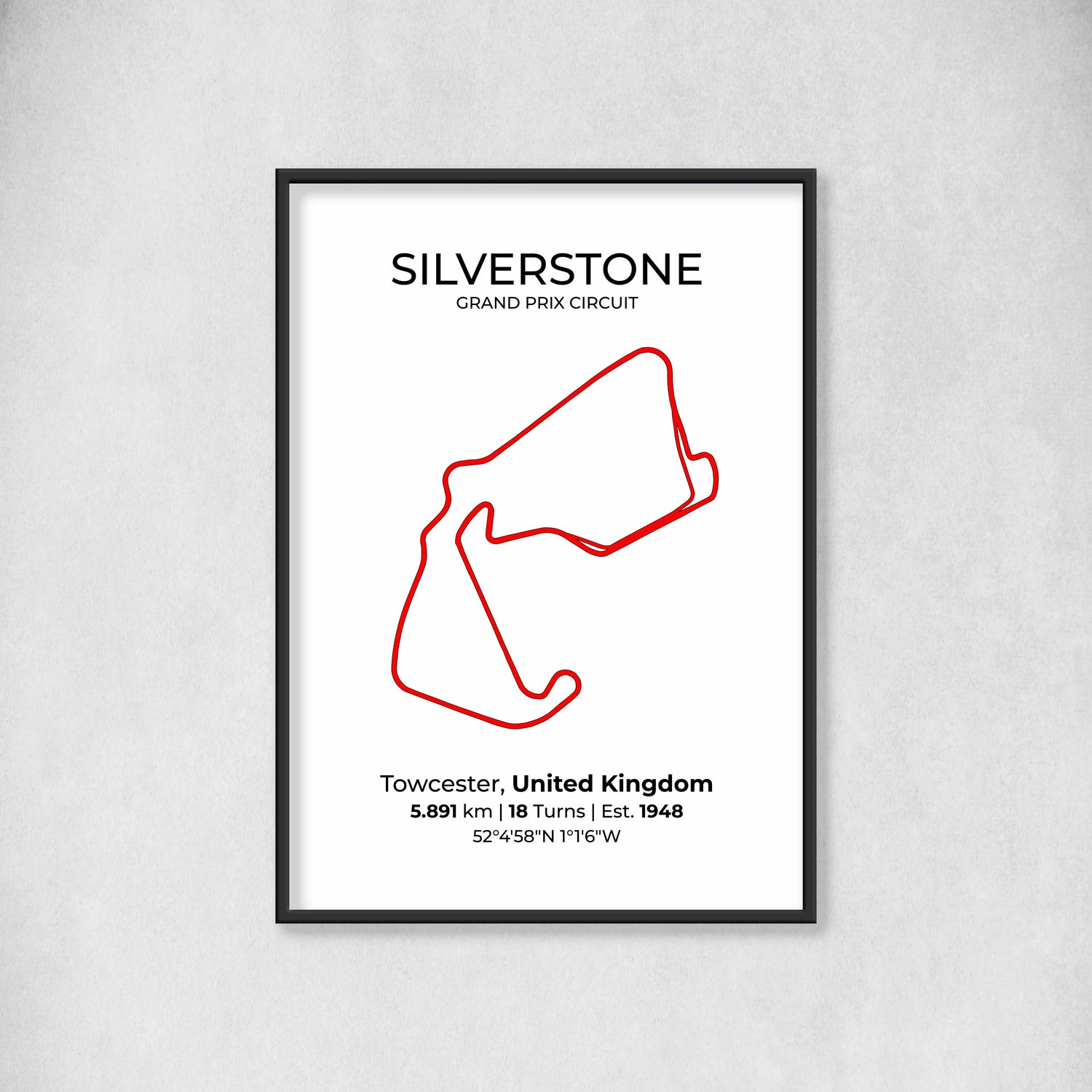 A Poster of the SIverstone Grand Prix Circuit with a white background and a bright red Track Outline 