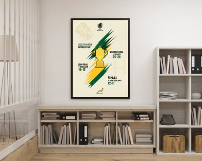 Framed poster of a rugby world cup event on a wall above a bookshelf.