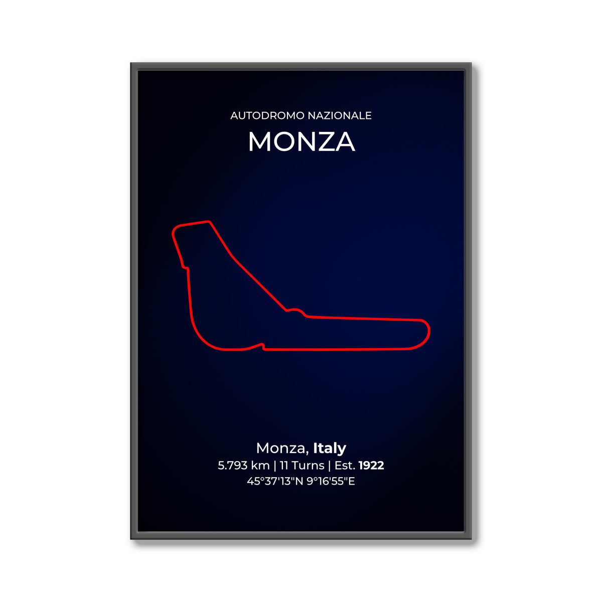 Framed poster of Autodromo Nazionale Monza with red track outline on a dark blue background.