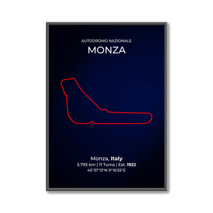 Framed poster of Autodromo Nazionale Monza with red track outline on a dark blue background.