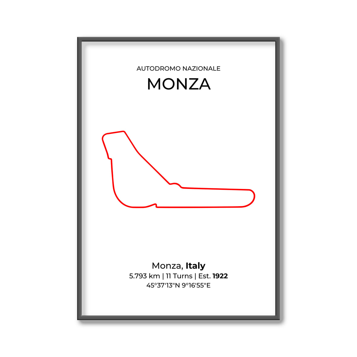 Framed poster of Autodromo Nazionale Monza with a red track outline on a white background.